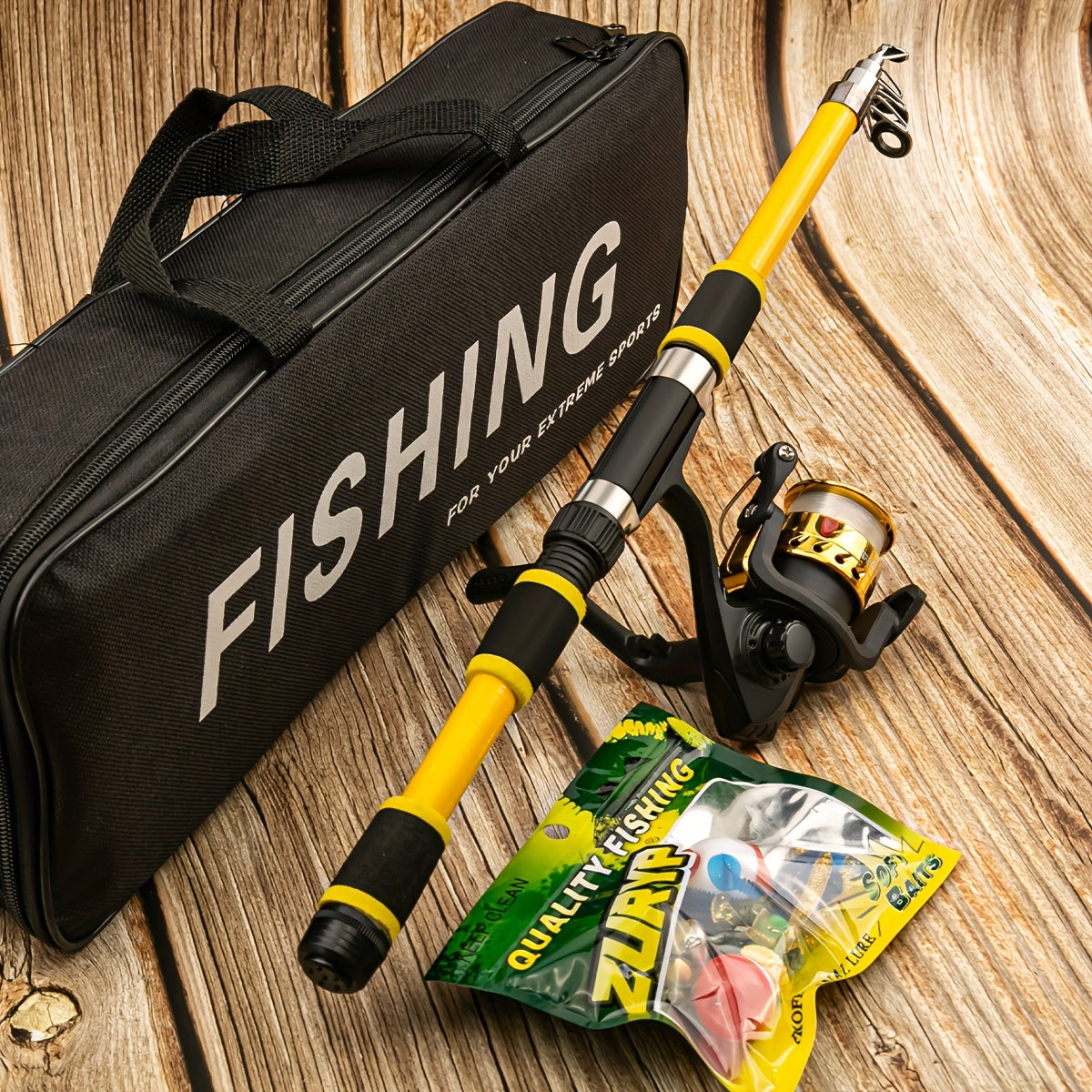 Telescopic Fishing Rod and Reel Combo with Soft Bait Set, Carry Case, Medium Fast Action, Fiberglass, Yellow
