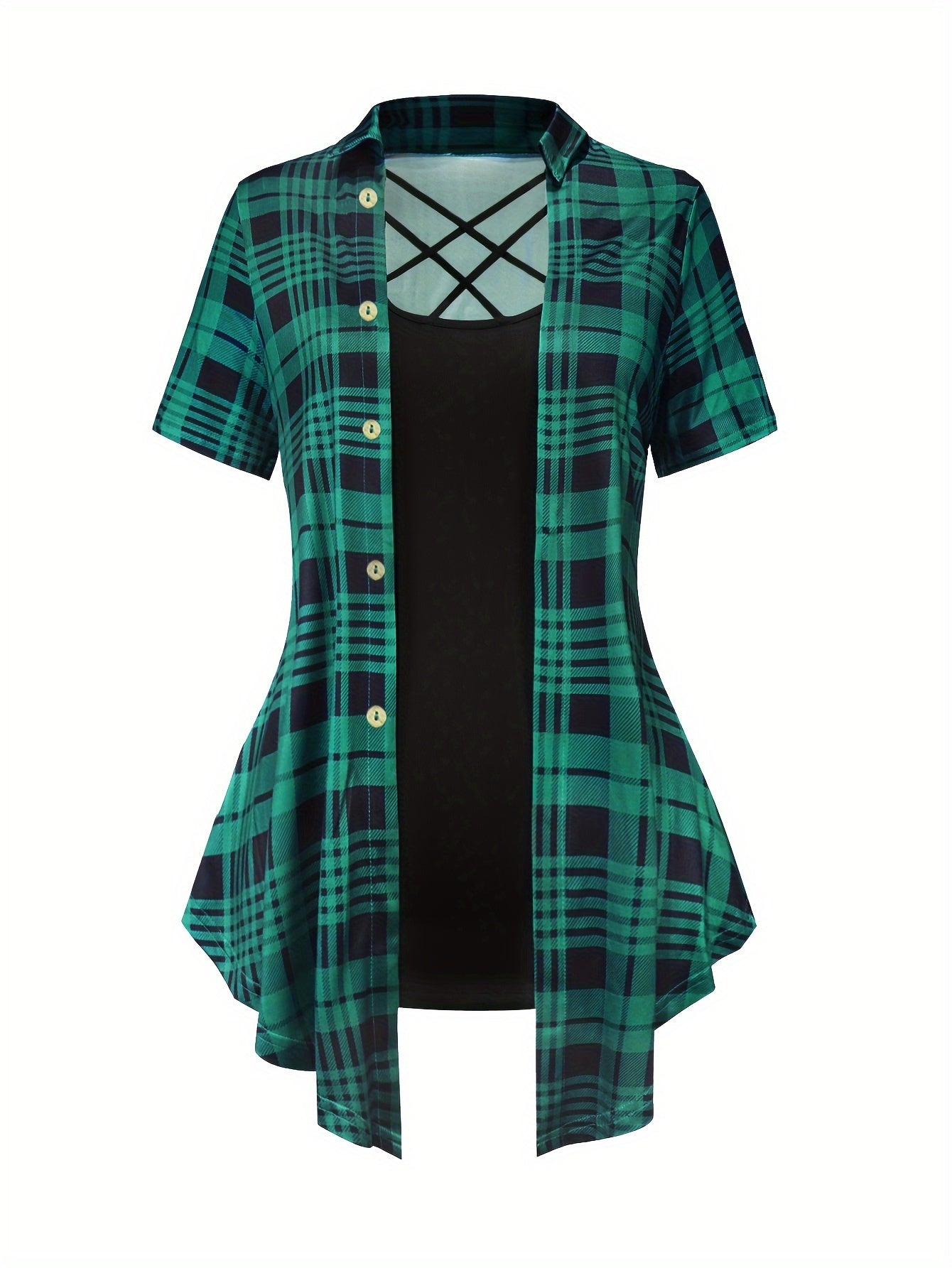 Ayollar uchun Plus o'lchamdagi tekis naqshli V bo'yinli qisqa yengli bluzka va kapri shimlar to'plami