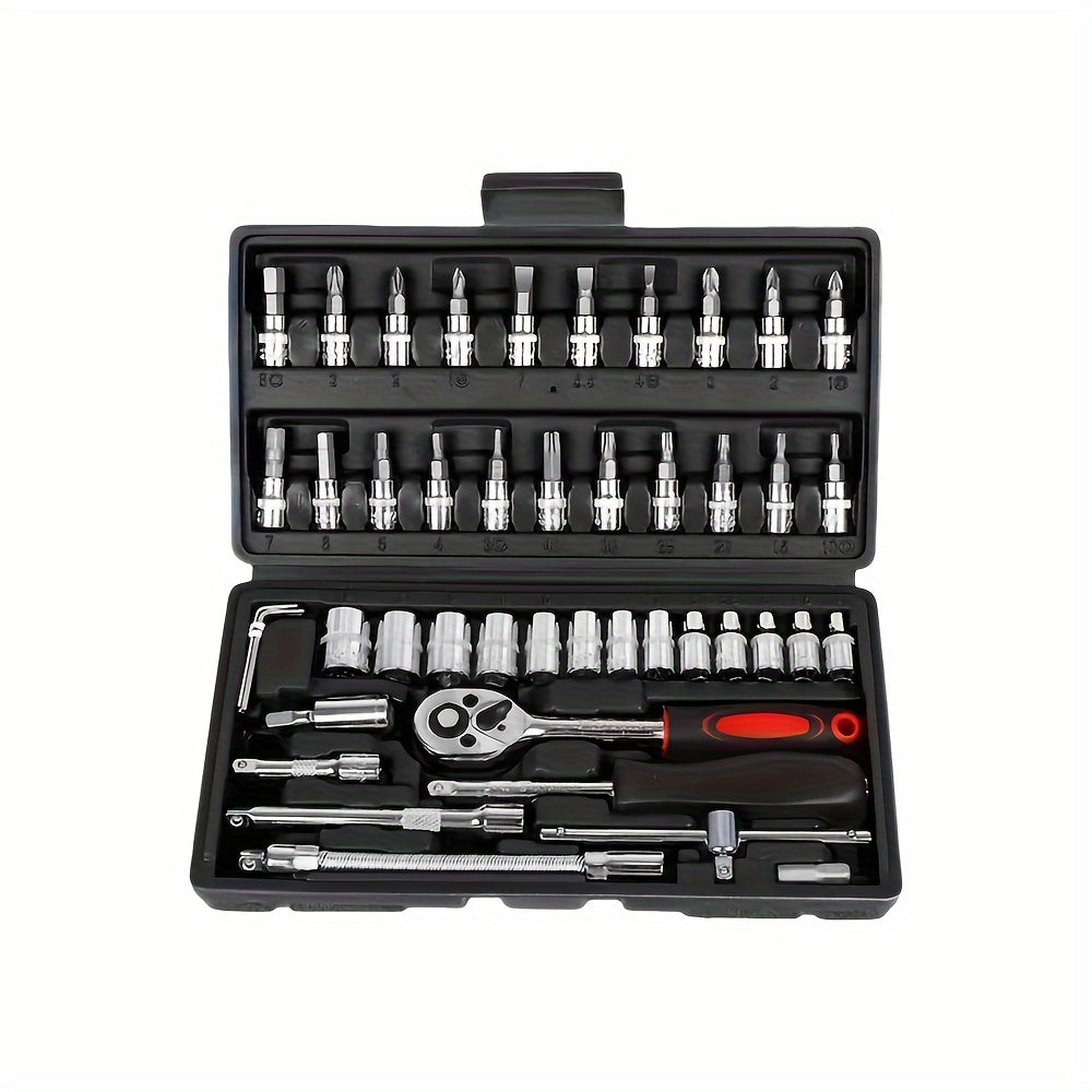 Juego de llaves de vaso de acero cromo vanadio de 46 piezas con carraca, juntas universales, extensiones y adaptador para taladro para reparación automotriz y del hogar