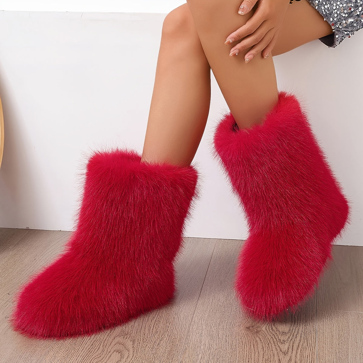 Women'S Winter High-Top Boots Faux Fur Mid-Calf Flat-Heeled Warm Shoes
