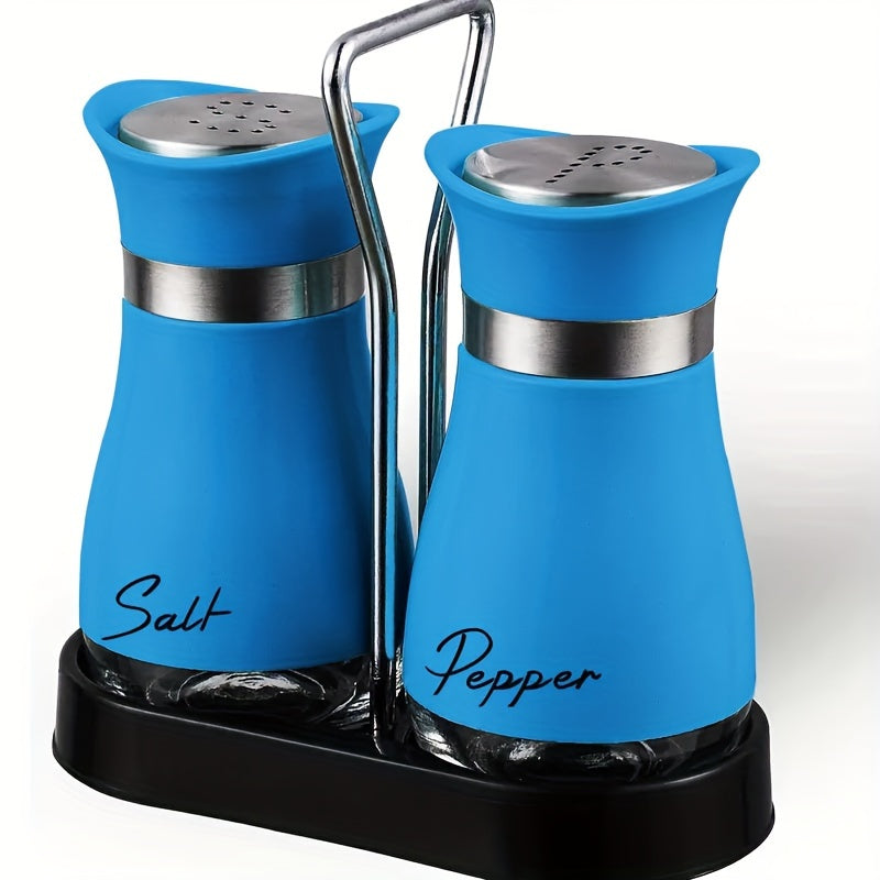 Set of 2 Glass Salt and Pepper Shakers with Holder, 4 oz Refillable Stainless Steel Lids
