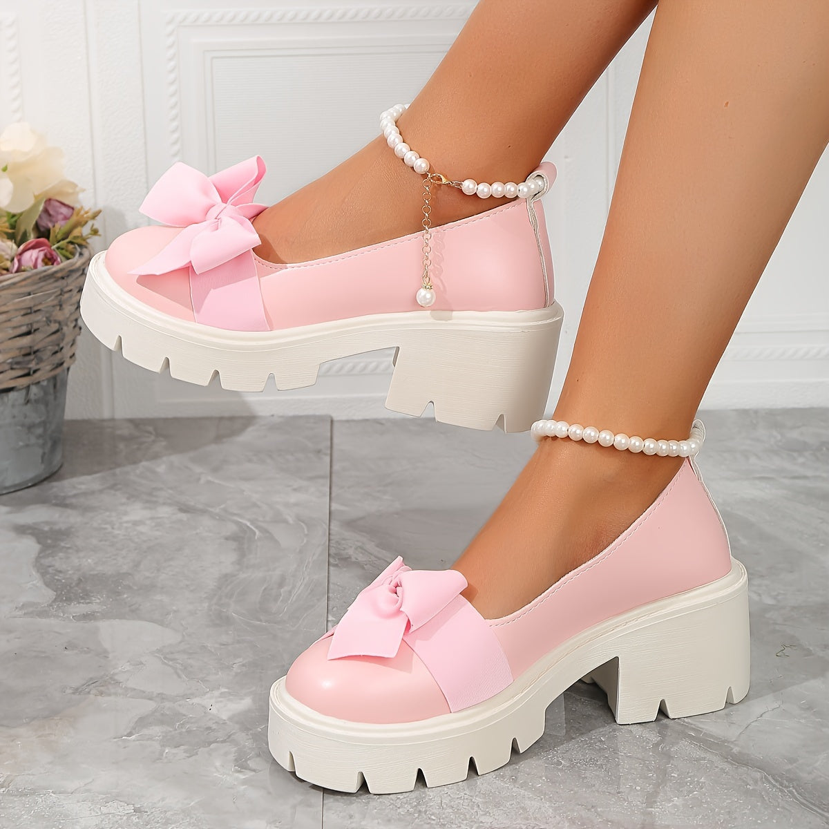 Women's Faux Pearl Bow Decor Loafers with Chunky Heels and Platform