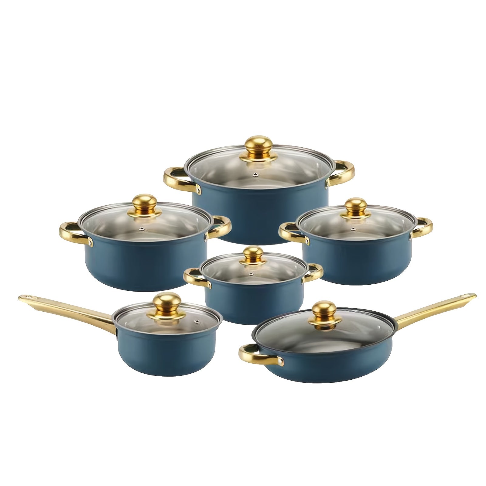 6-Piece Stainless Steel Cookware Set with Blue Lids, Soup Pans, Frying Pans