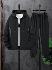 Men's Black Striped Athletic Hoodie and Jogger Set Polyester Spring Fall Sportswear