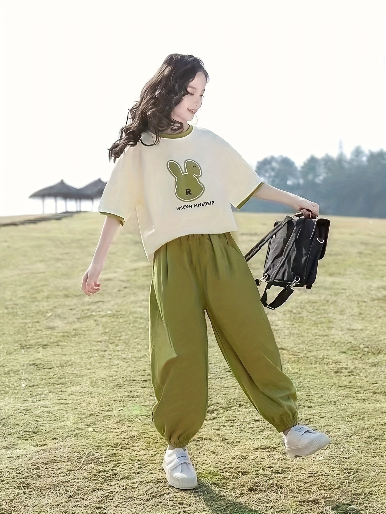 Girls Summer Short Sleeve Two-Piece Set Cotton Polyester Casual for Kids Medium Large