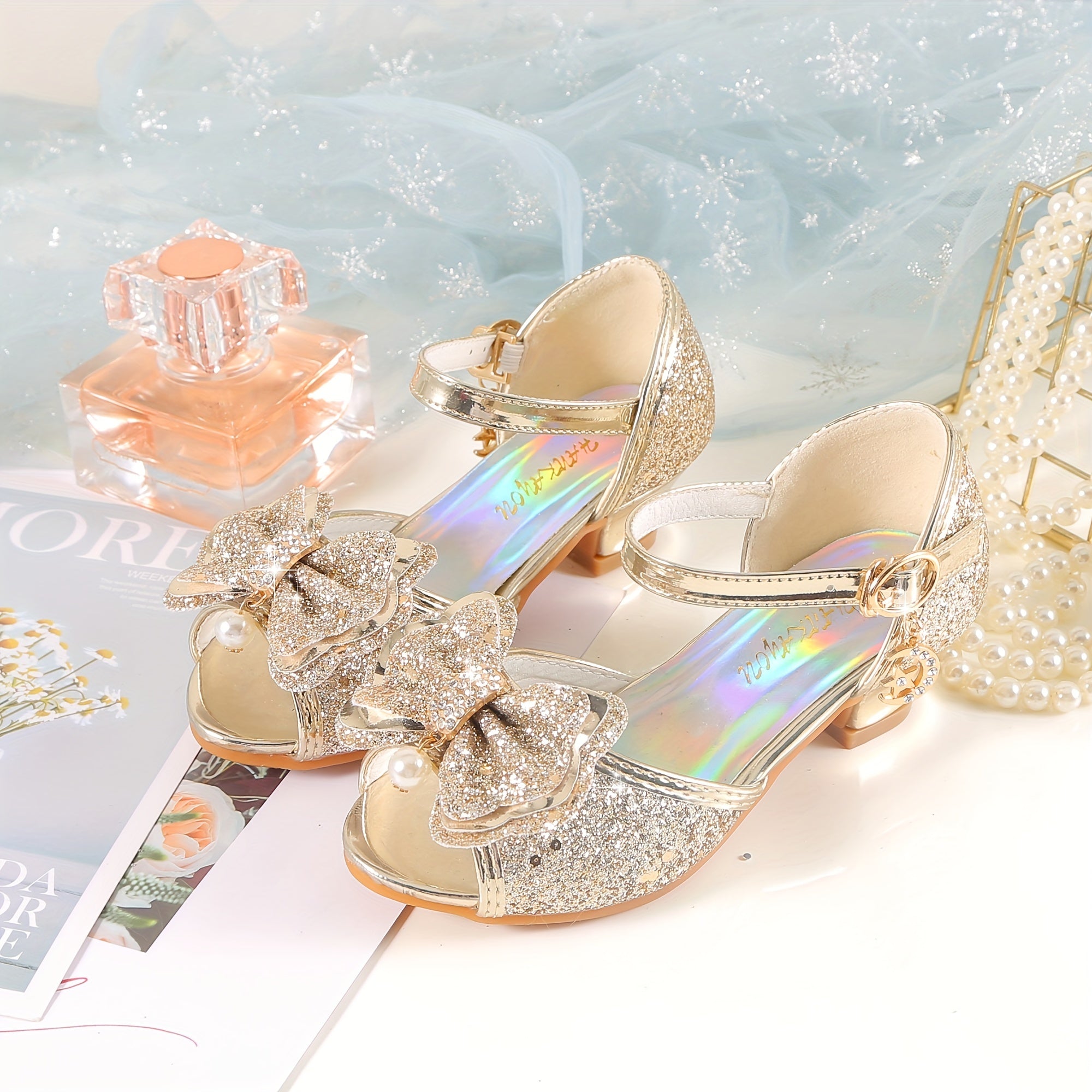 Girls' Sparkly Rainbow Princess Sandals with Bow, Purple Crystal Heels, Ankle Strap