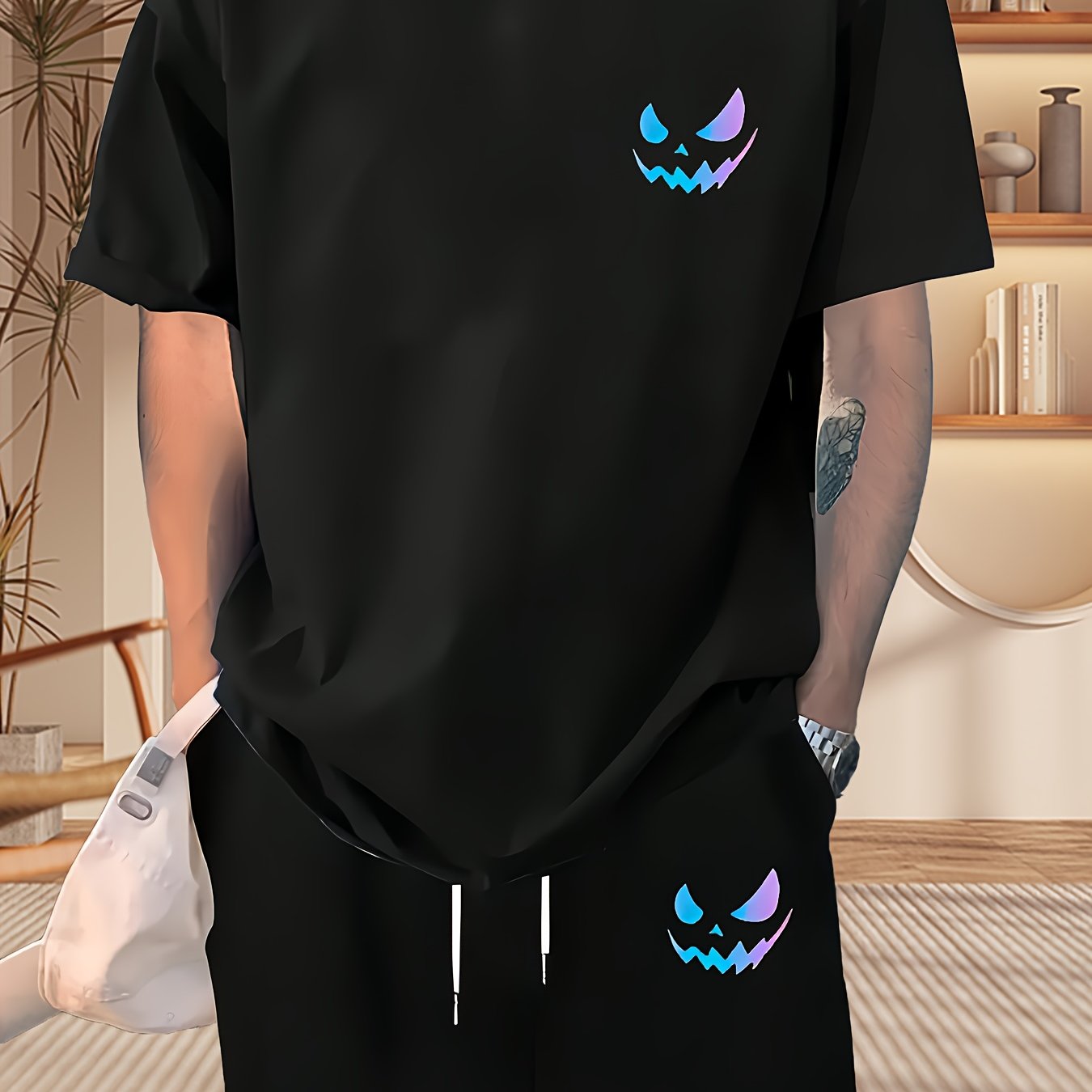 Мужской повседневный пижамный комплект: футболка с коротким рукавом и шорты на шнурке, весна-лето, спорт