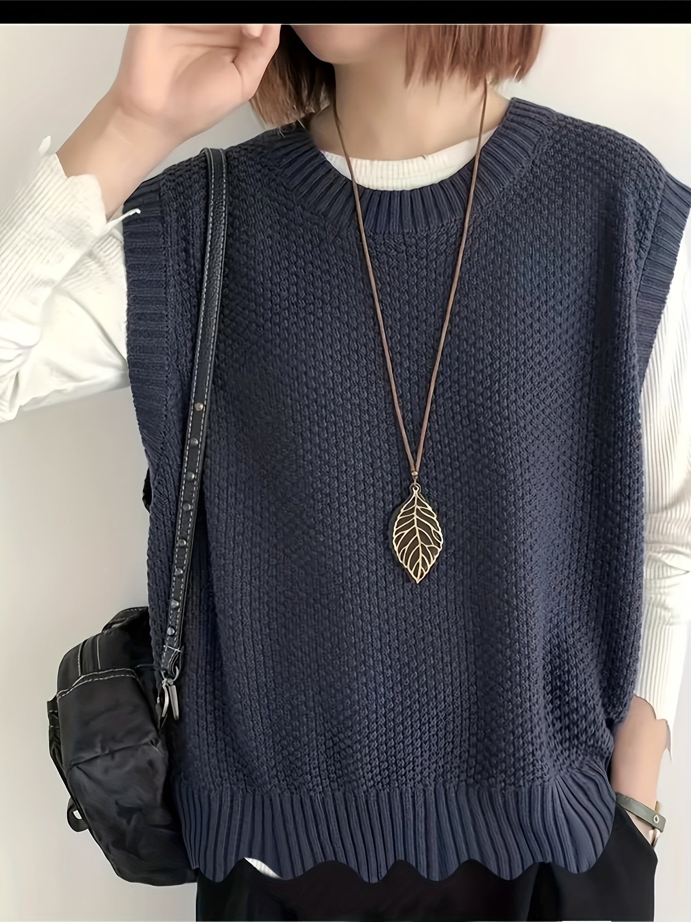 Women's Plus Size Asymmetrical Sleeveless Cardigan Dark Blue White Vest