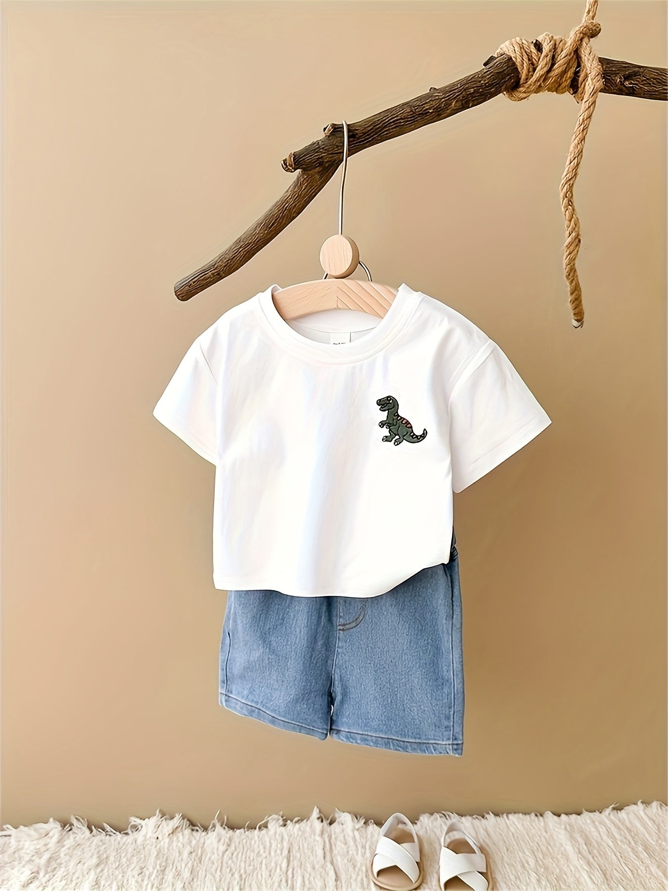 Newborn Children's Dinosaur Embroidery T-Shirt and Shorts Set Summer Outdoor Wear
