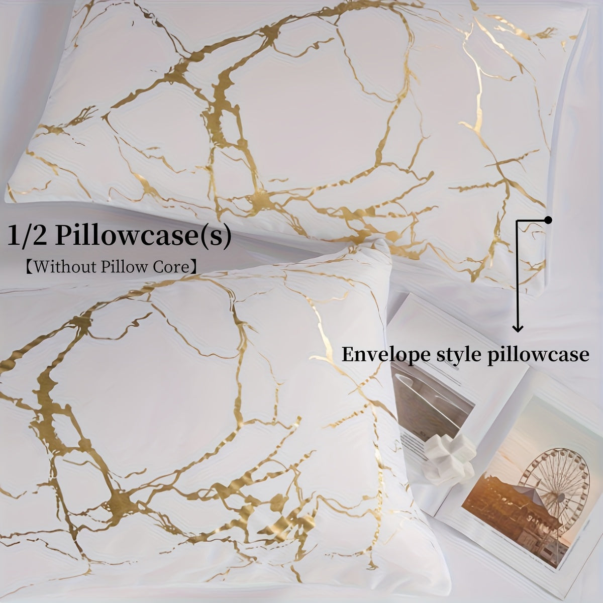 White Marble Pattern Quilt Cover Set with Gold Foil Print 2/3 Pieces Bedding