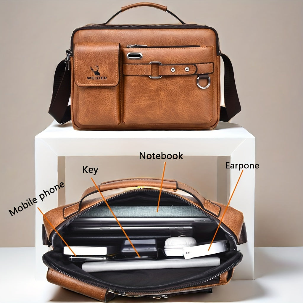 Men's PU Business Crossbody Bag Light Brown Adjustable Shoulder Strap for Office and Casual Use