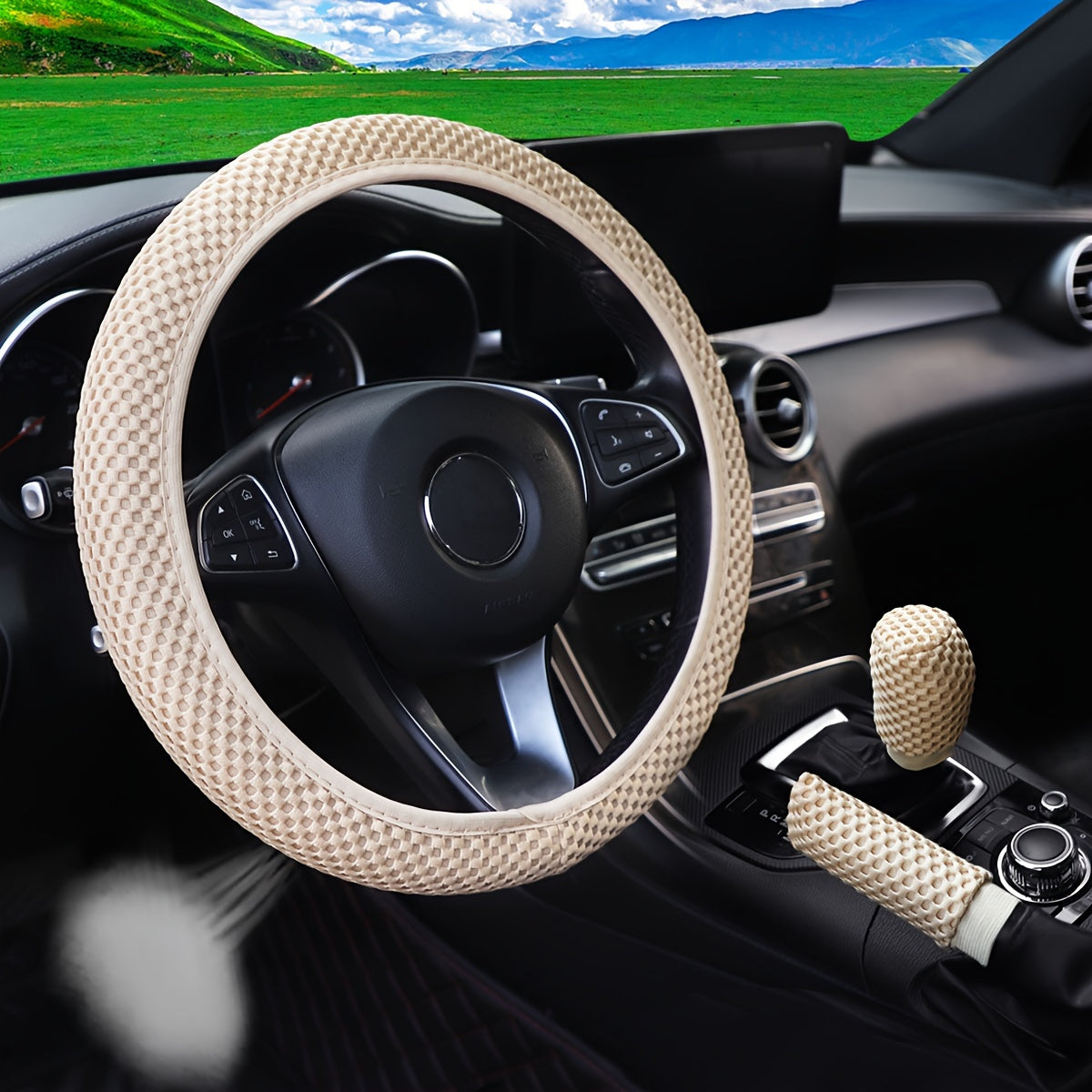 3pcs Breathable Mesh Car Steering Wheel Cover Anti-slip Sweat-absorbing 35-38cm