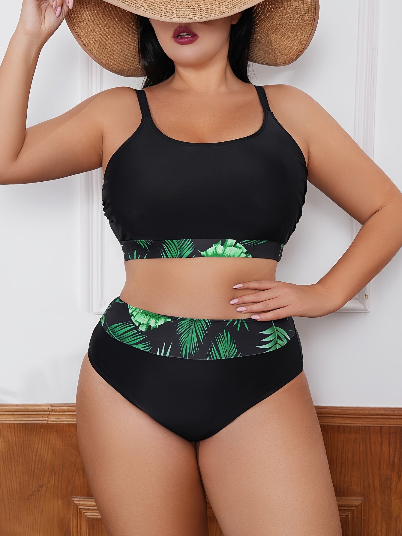 Katta o'lchamdagi ayollar uchun tropik bosma uzun qoʻlqopli qopqogʻi, rang blokli detall bilan