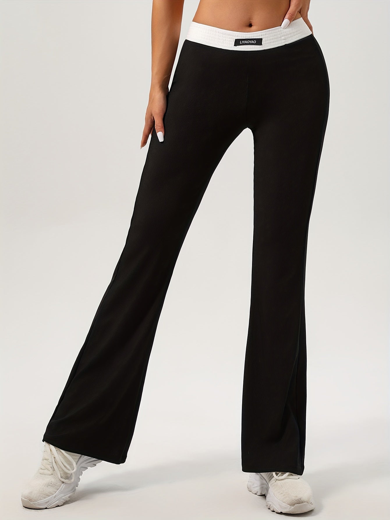 Women's High Waist Flare Pants with Contrasting Color Details and Stretch Fabric for Casual Fall Wear