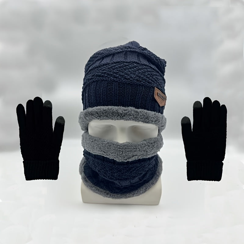 Men's Cozy Knit Hat Scarf Gloves Set Thick Fleece Lining Winter Warmth