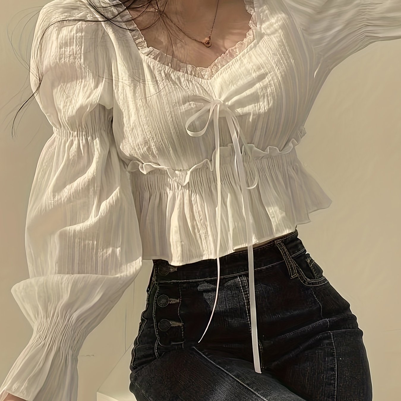 Women's White Cotton Shirt with Square Collar Long Sleeve Spring Autumn Casual