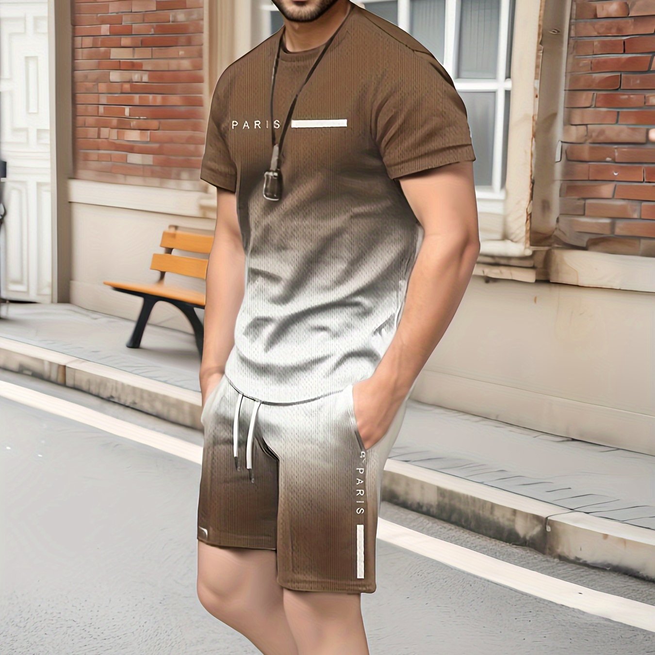 Erkaklar yozgi sport to'plami, "PARIS" bosma, chiziqli naqsh, ozgina cho'ziluvchan, polyester va spandeks aralashmasi bilan crew neck T-ko'ylak va shortilar.