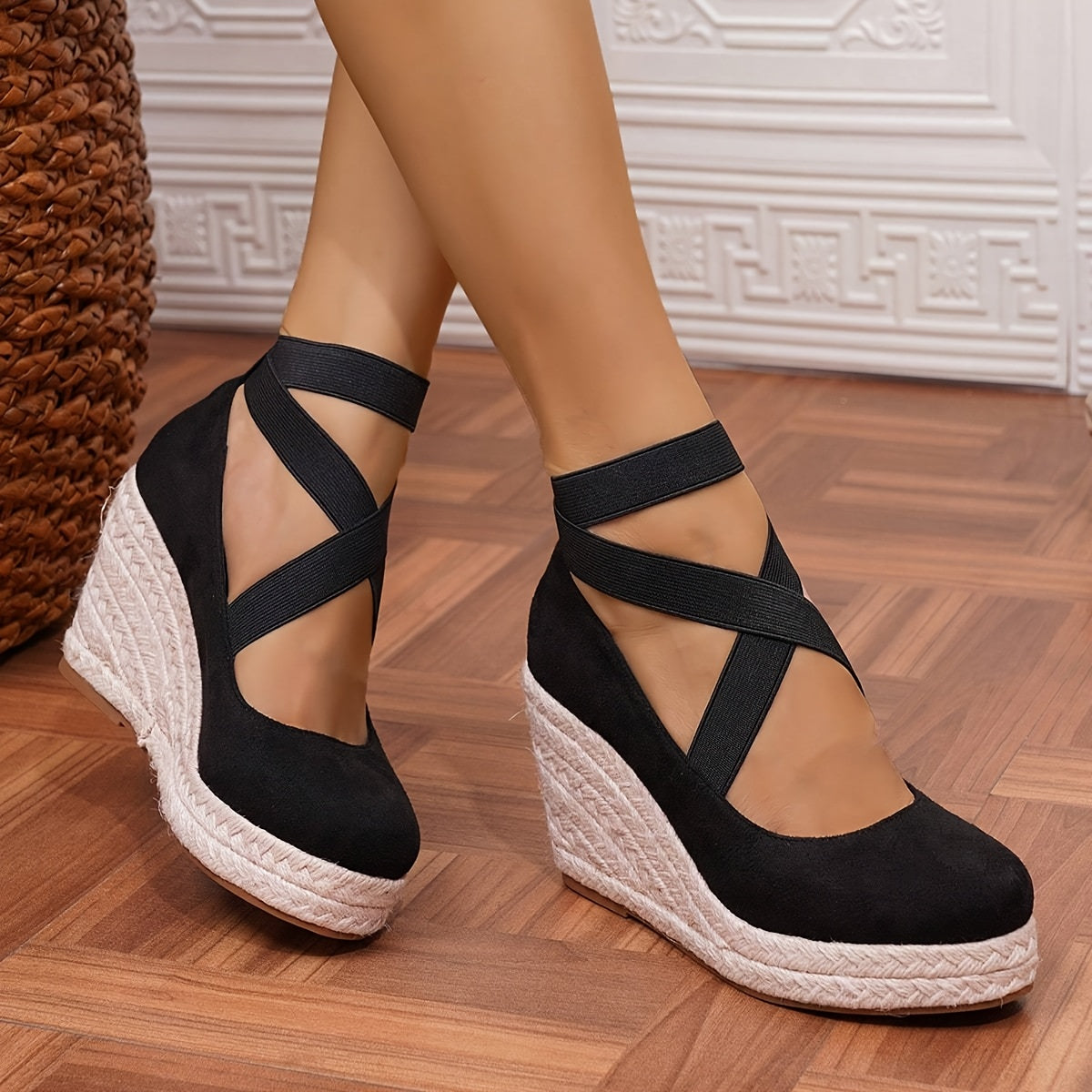 Women's Wedge Espadrilles Black Rope Sole Minimalist Ankle Strap Slip-Ons