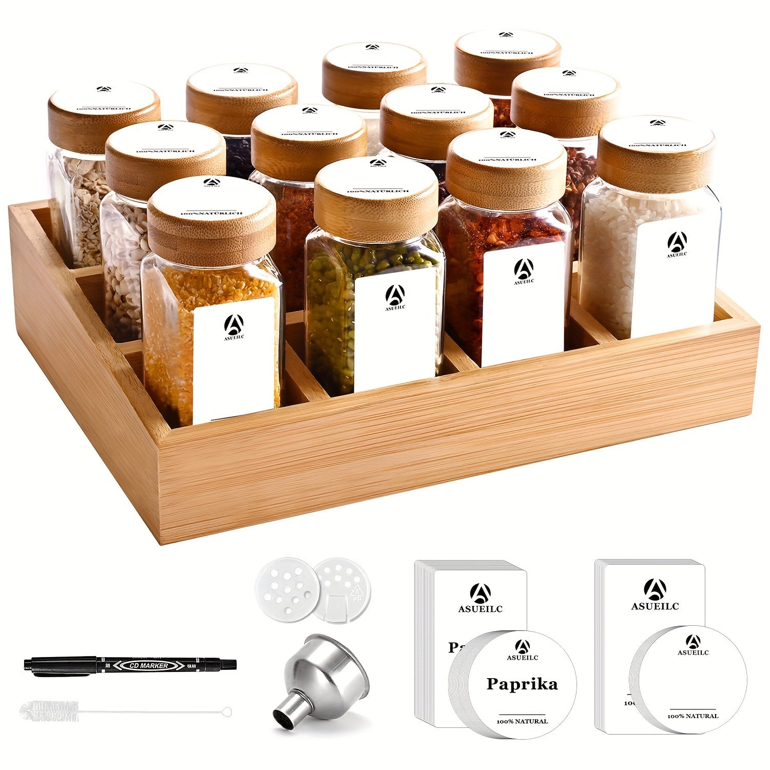 Spice Rack with 12 or 24 Jars Bamboo Lids Drawer Organizer Labels