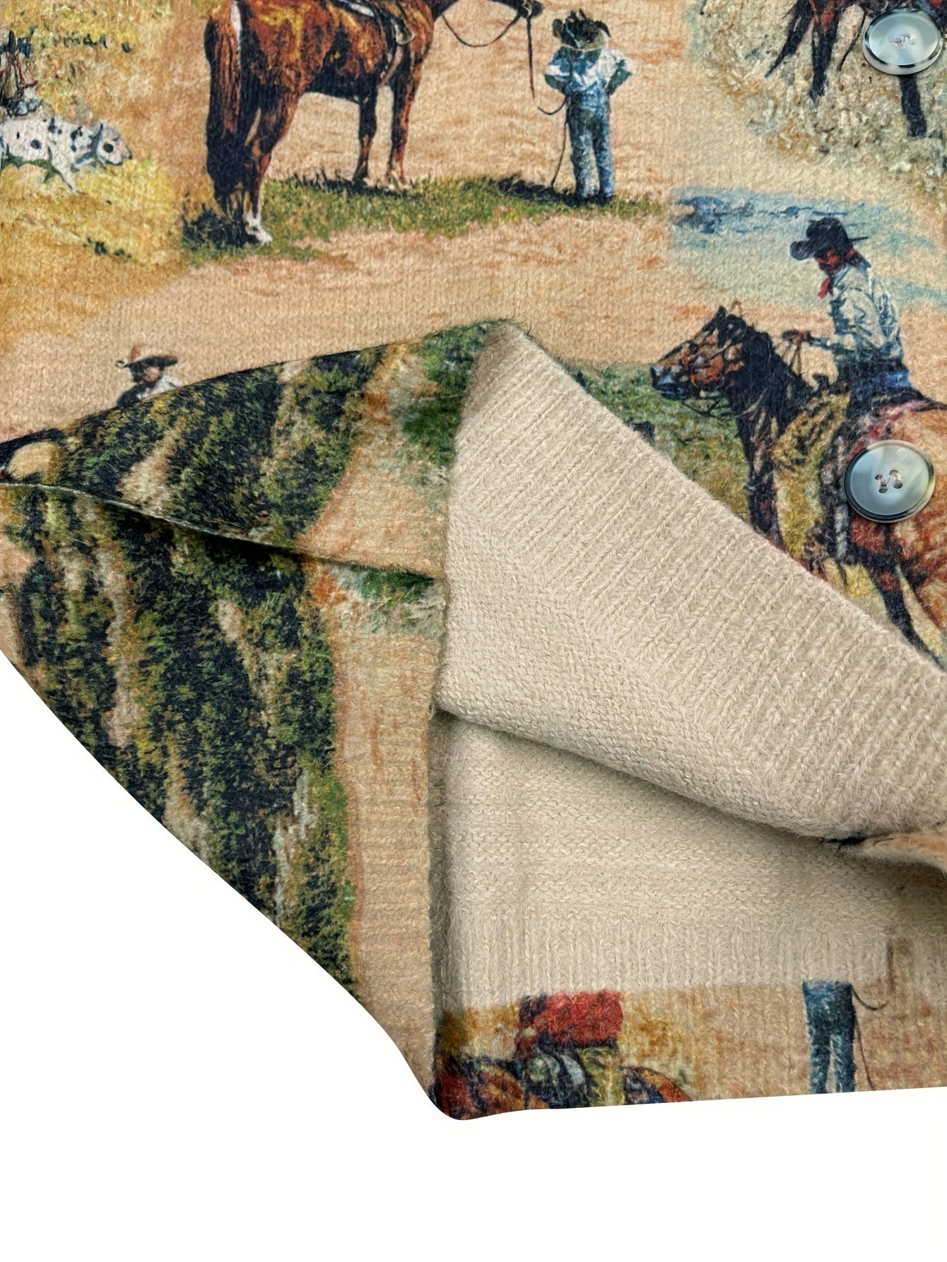 Women's Oversized Knit Cardigan with Horse Riding Print V-Neck Long Sleeve