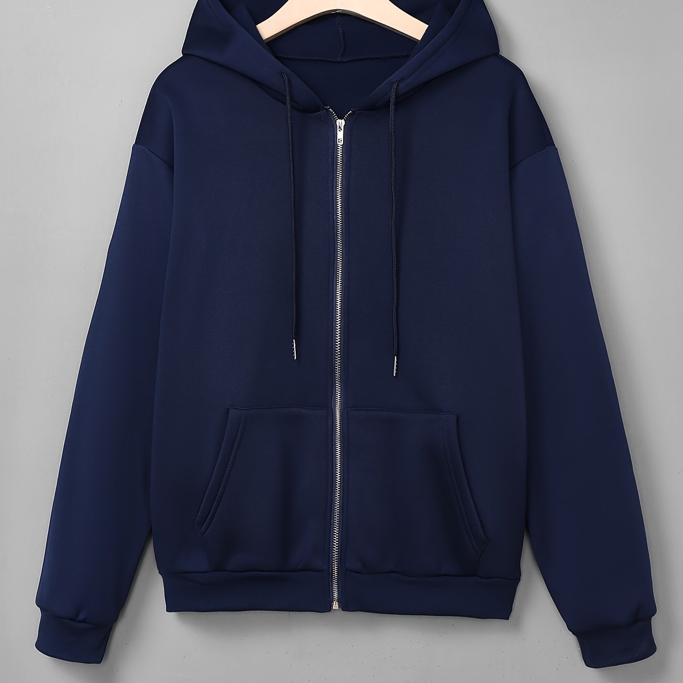 Women's Navy Blue Zip-Up Hoodie with Drawstring Pockets and Long Sleeves