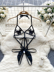 Women's Lingerie Set Halter Teddy with Butterfly Patch and Open Crotch