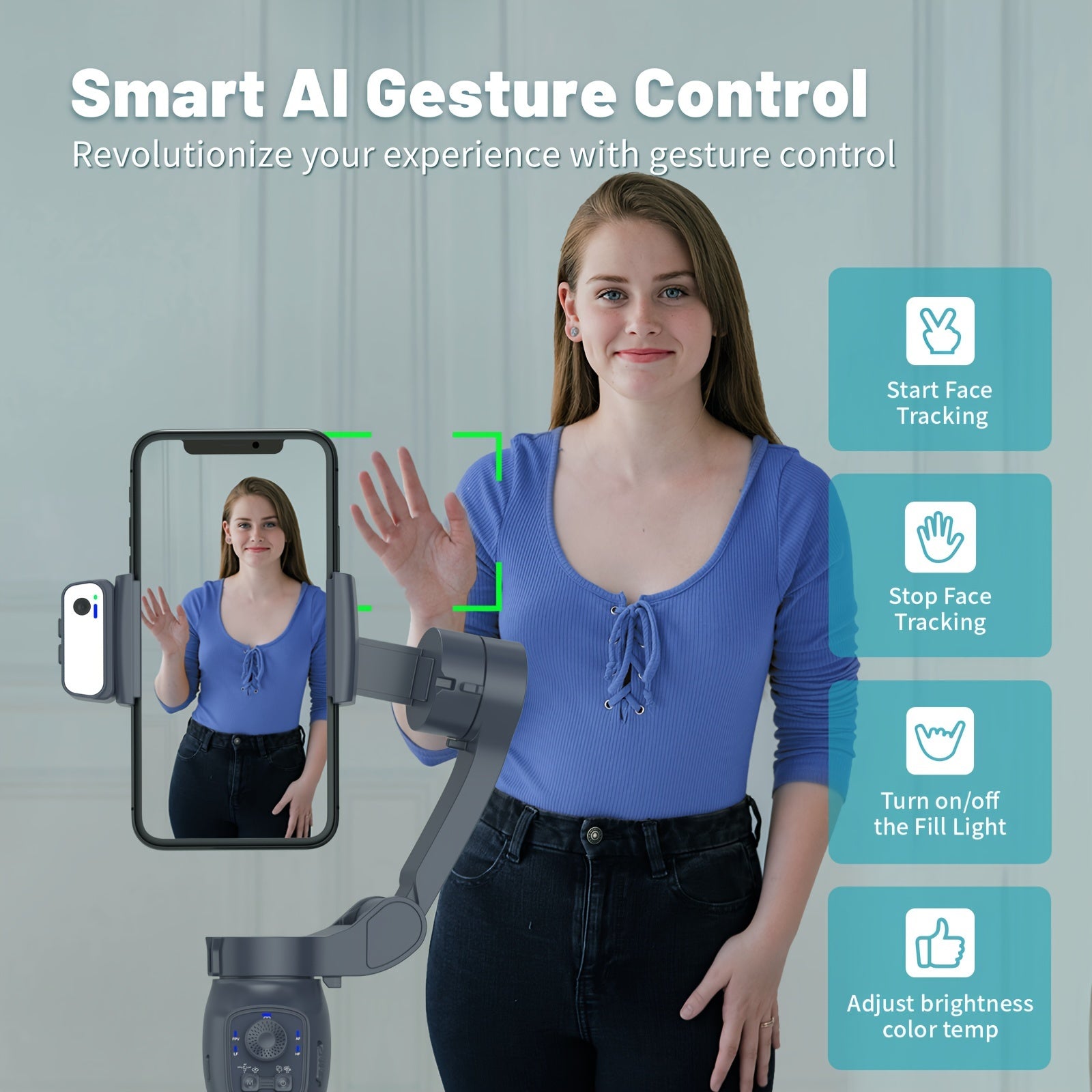 Portable Handheld Gimbal Stabilizer with Smart Gesture Control Foldable Design Fill Light for Selfies Vlogging and Live Streaming Black