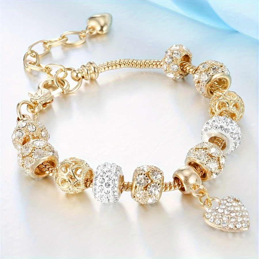 Gold-Plated Copper Bracelet with Glass Beads and Heart Charm for Women