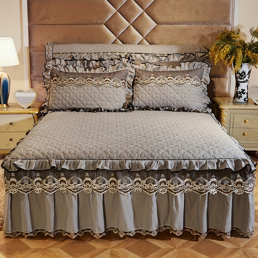 3-Piece Solid Color Quilted Love Quilt Set with Lace Bed Skirt and Pillowcases