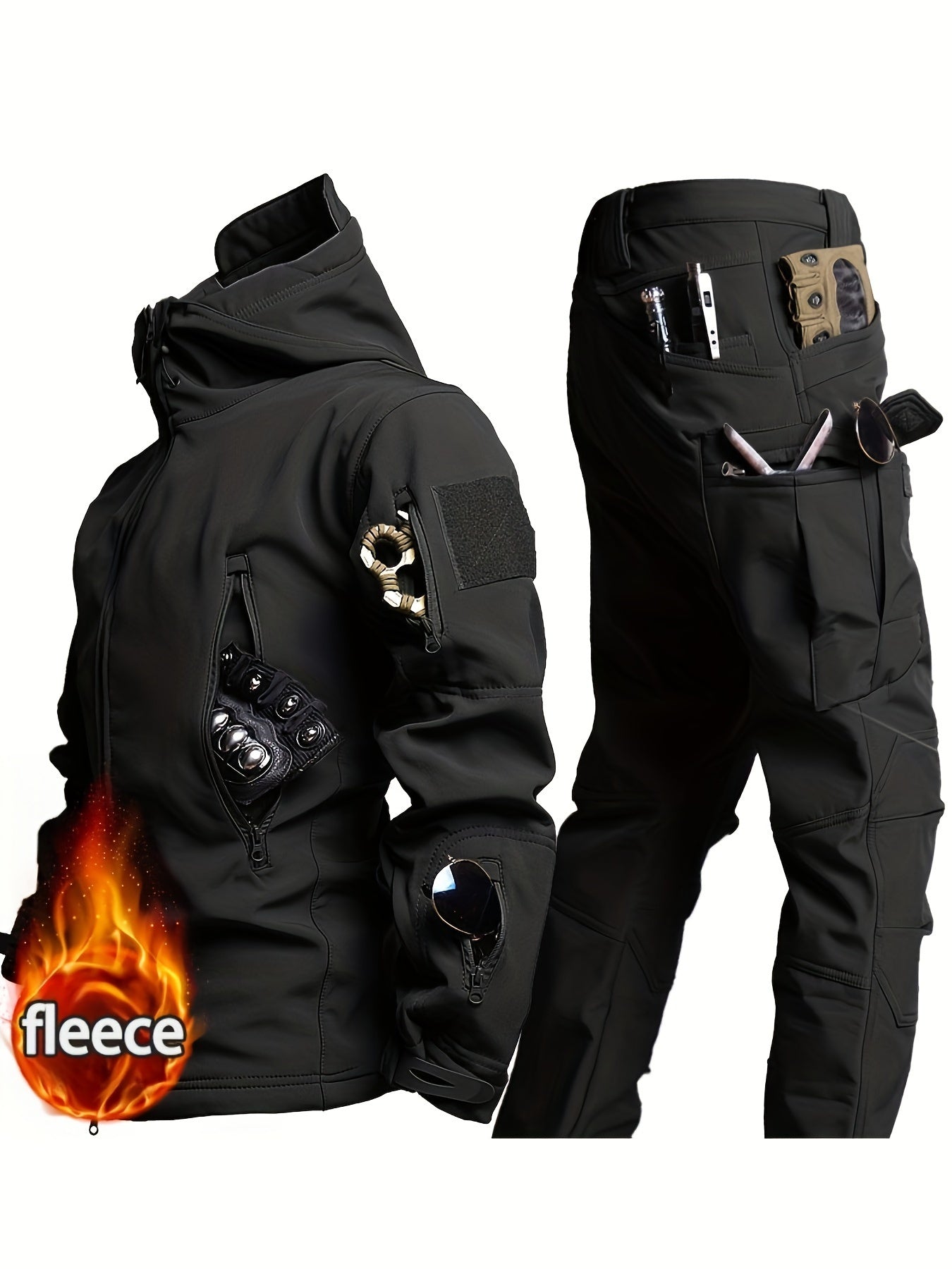 Men's Tactical Winter Camo Set Hooded Windproof Jacket Cargo Pants Fleece Lined Polyester Spandex