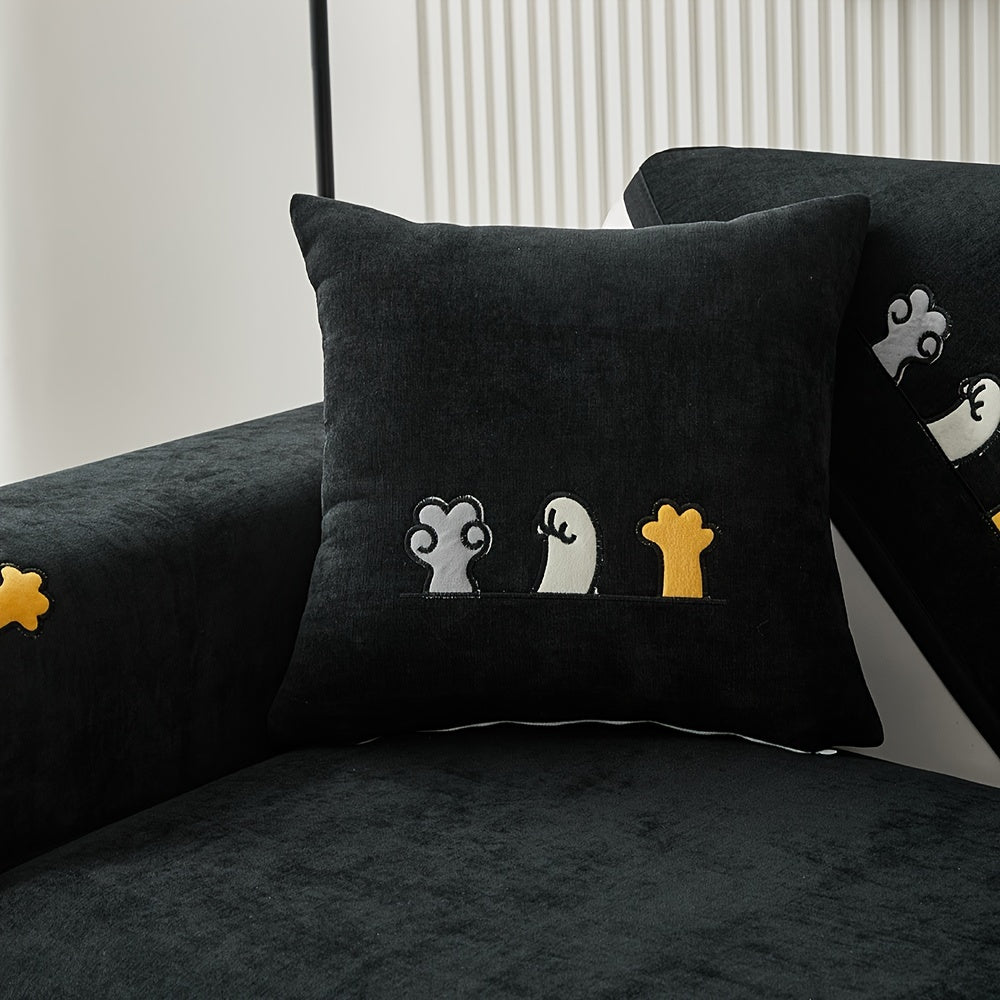 Красный чехол для дивана из шенилла с игривой вышивкой в виде косточек. Удобен для домашних животных, не скользит, можно стирать в машине, идеально подходит для диванов на 1-4 места в гостиной, спальне, офисе.