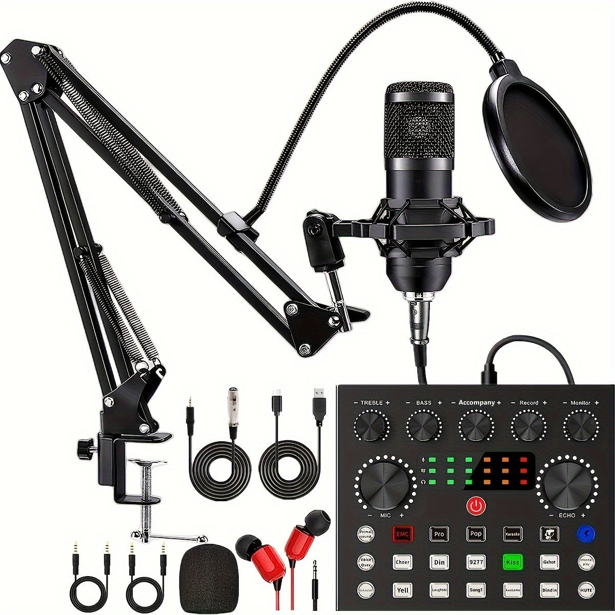 Podcast Equipment Kit with Microphone and Sound Card for Recording Streaming Gaming Black