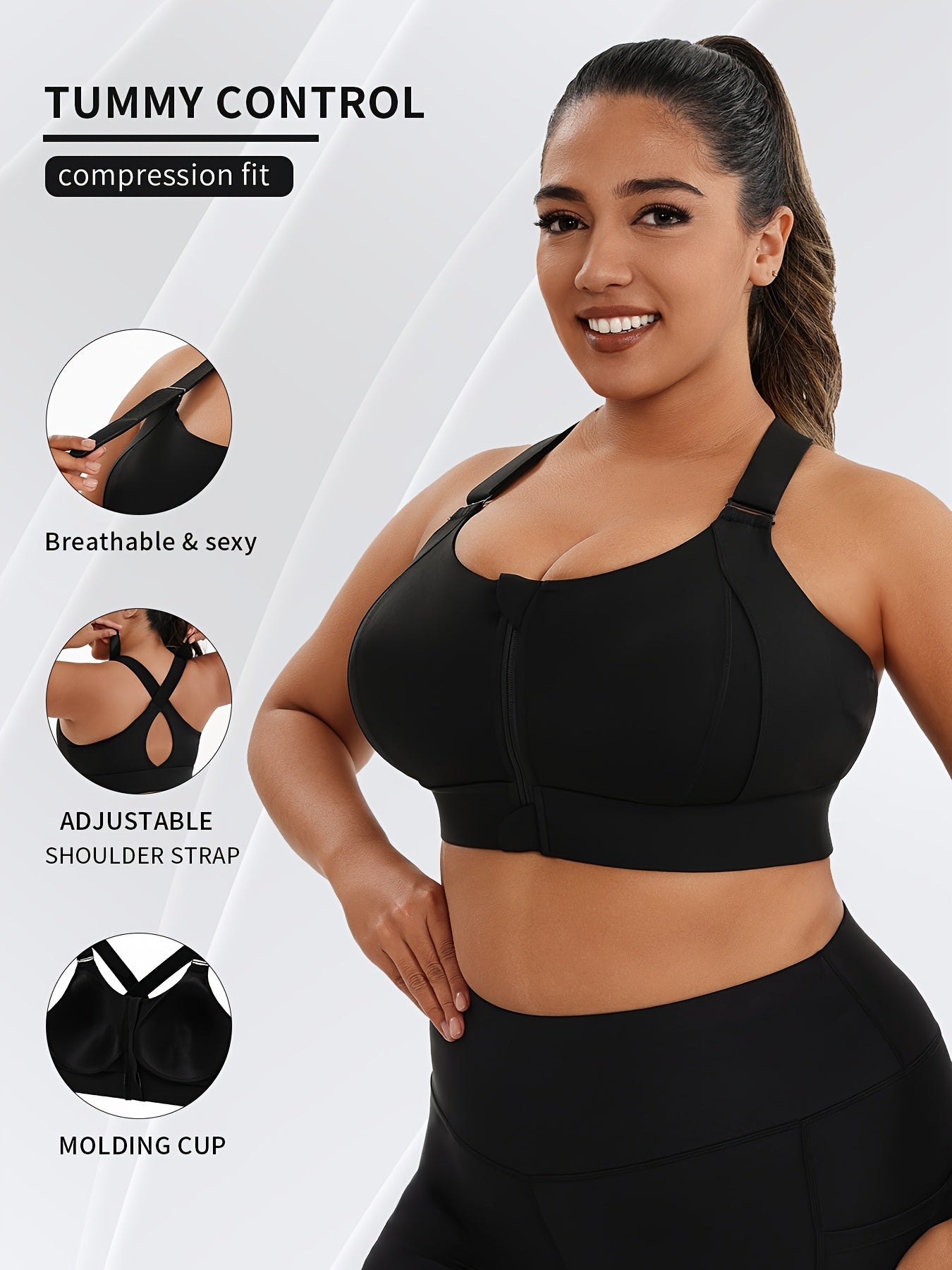 Plus Size Women's High Support Sports Bra Front Zipper Adjustable Cross Back Black
