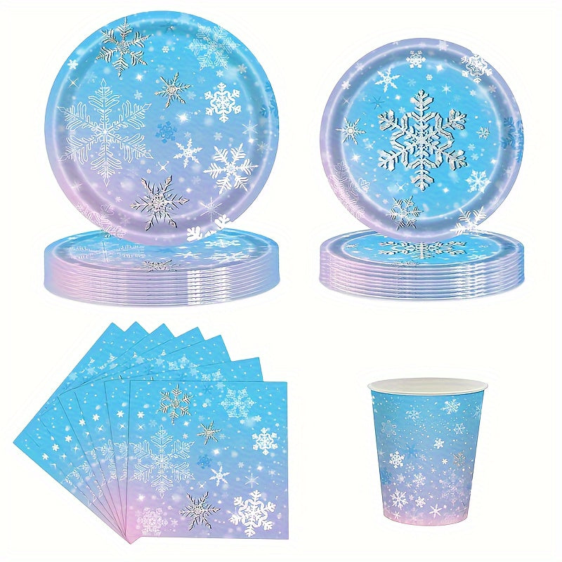 Set de vajilla temática de Frozen para 10 invitados, platos, vasos y servilletas con copos de nieve