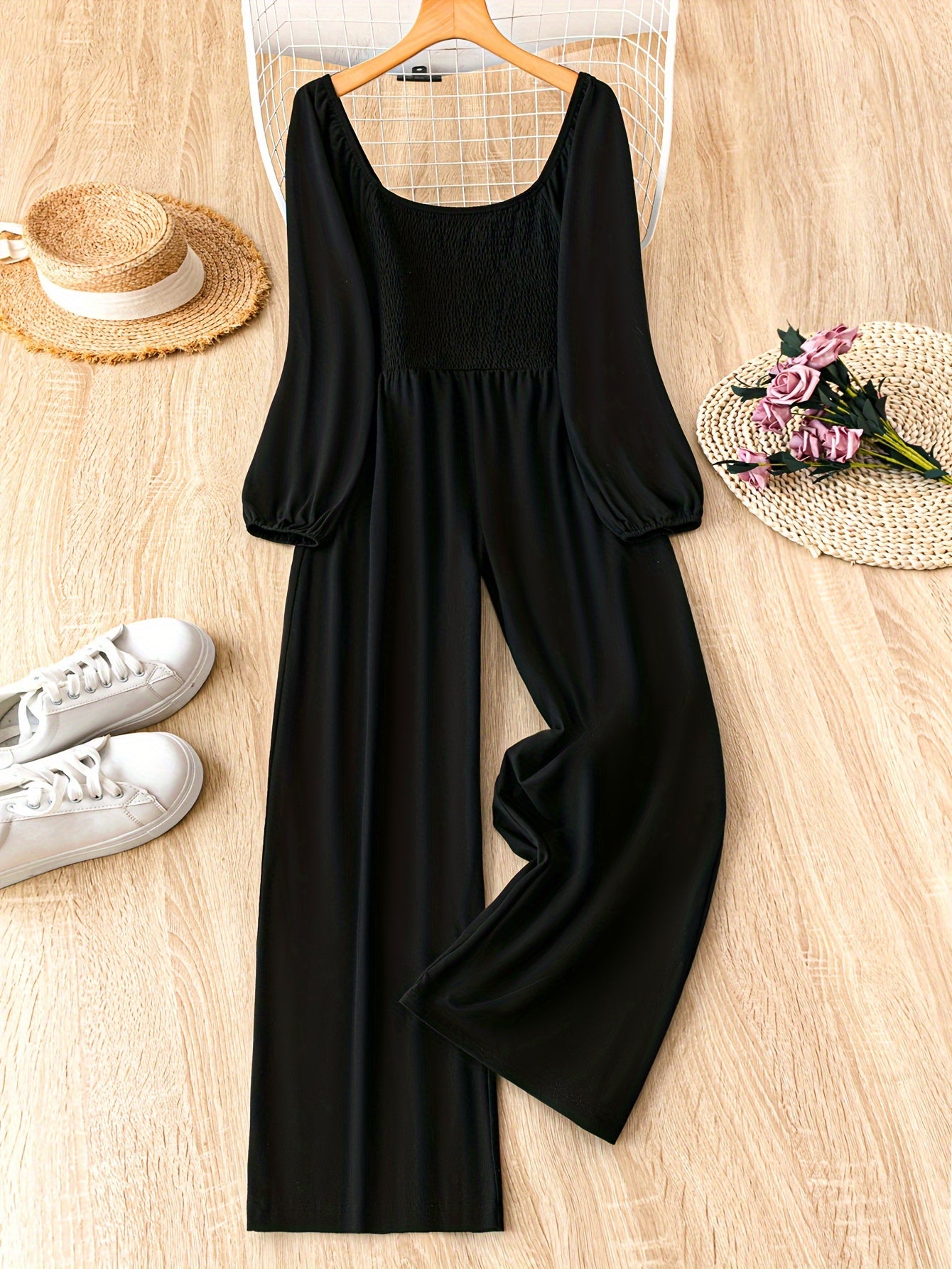 Women's Black Geometric Pattern Square Neck Off-Shoulder Jumpsuit with Stretch Polyester