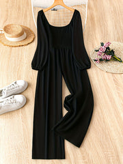 Women's Black Geometric Pattern Square Neck Off-Shoulder Jumpsuit with Stretch Polyester