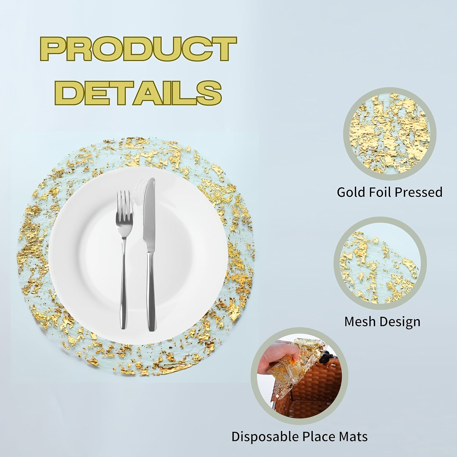 12-Piece Gold Glitter Foil Round Placemats for Weddings and Celebrations