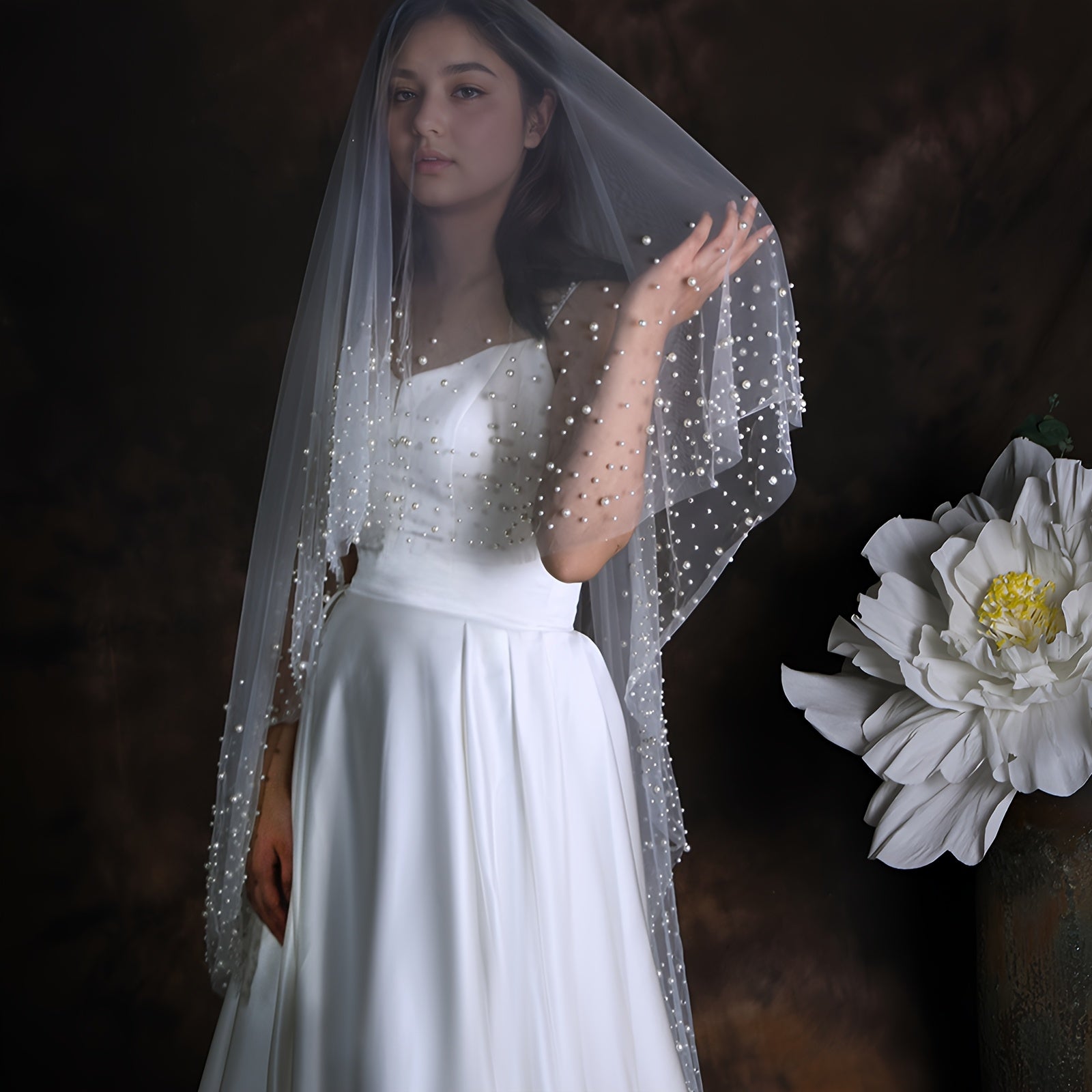 Elegant Bridal Veil with Pearls Nylon Cathedral Length Wedding Accessory