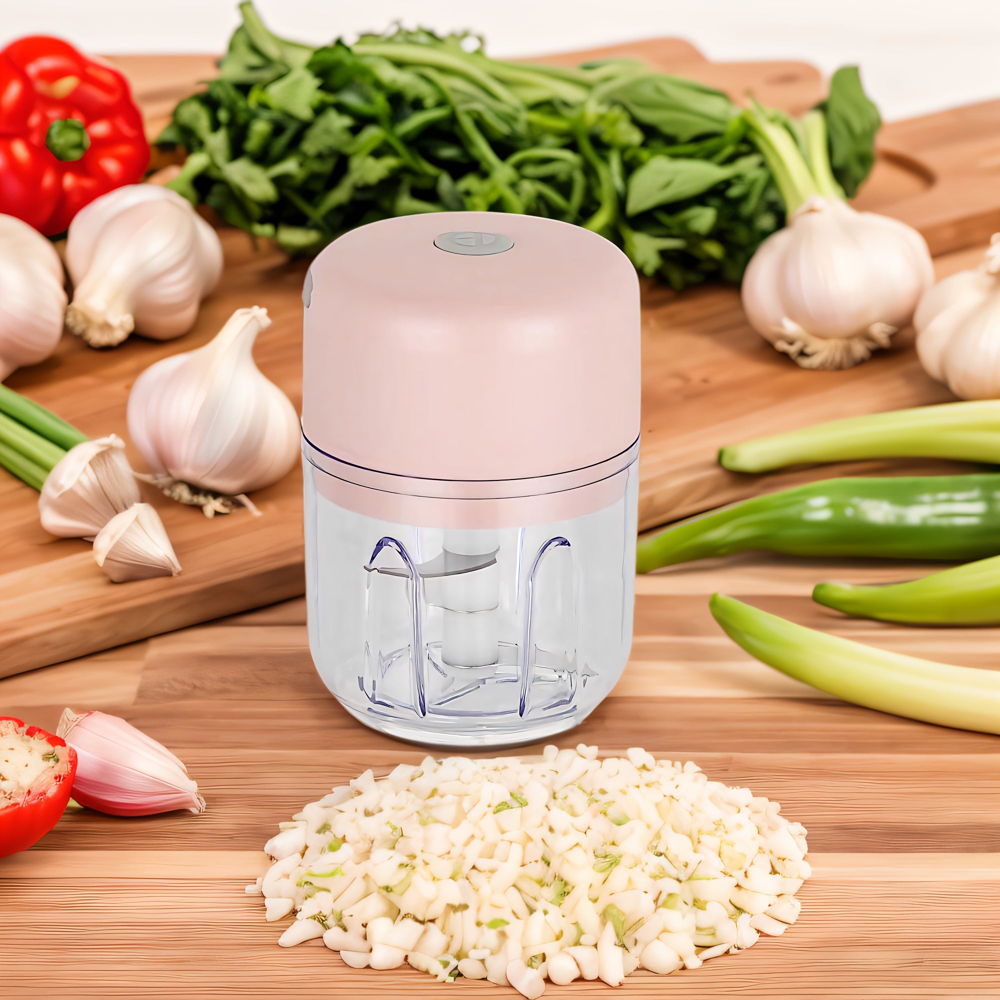 O'zgaruvchan qo'shimchalar va shaffof idishlar bilan qayta to'ldiriladigan elektr sarimsoq maydalagich va sabzavot maydalagich.