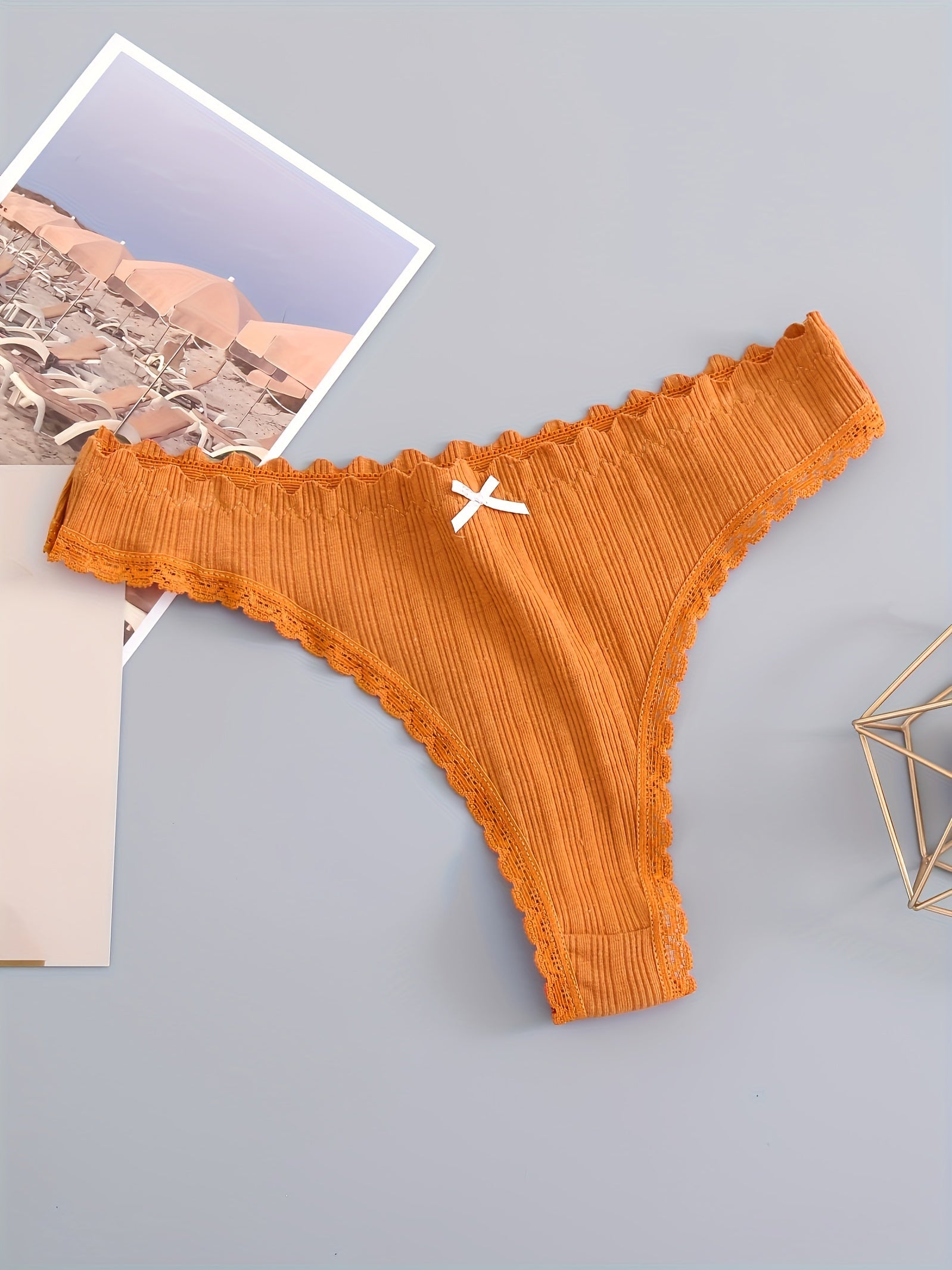 Women's Floral Lace Trim Thongs Low Waist Panties with Scallop Edge Set