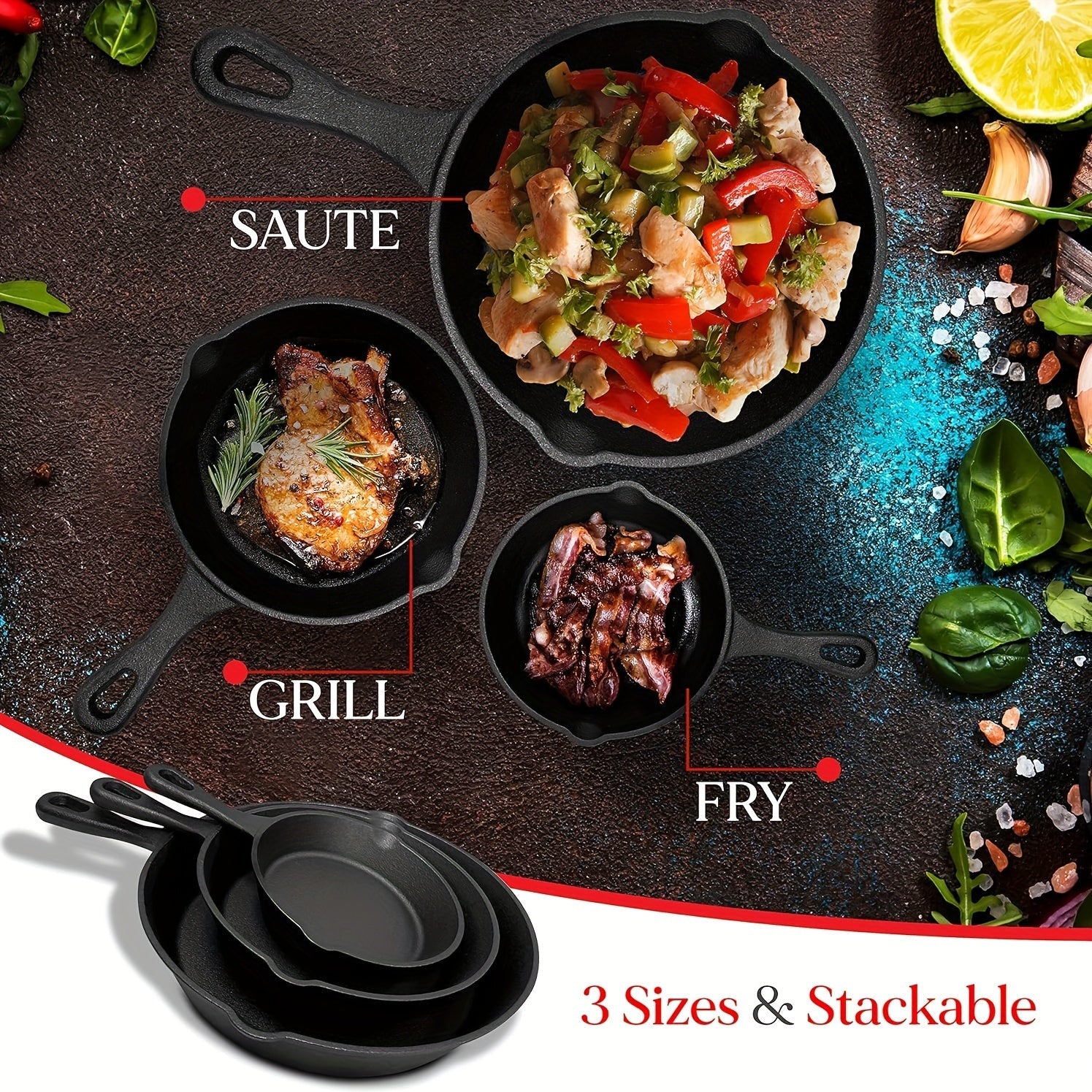 Set of 3 Cast Iron Skillets Non-Stick Coating Multi-Purpose Cookware with Pouring Spout