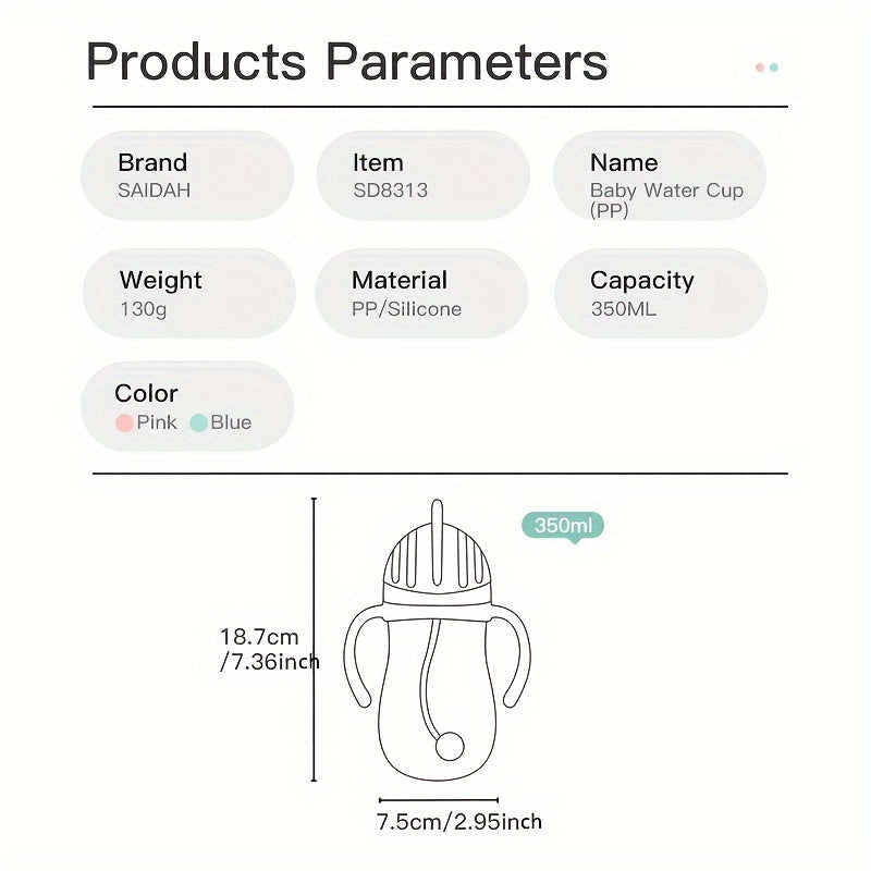 Saidah 350 мл Очаровательная мультяшная поильник с соломинкой - Без BPA, непротекаемая и нескользящая тренировочная бутылка для воды для детей - Доступна в розовом или синем цвете
