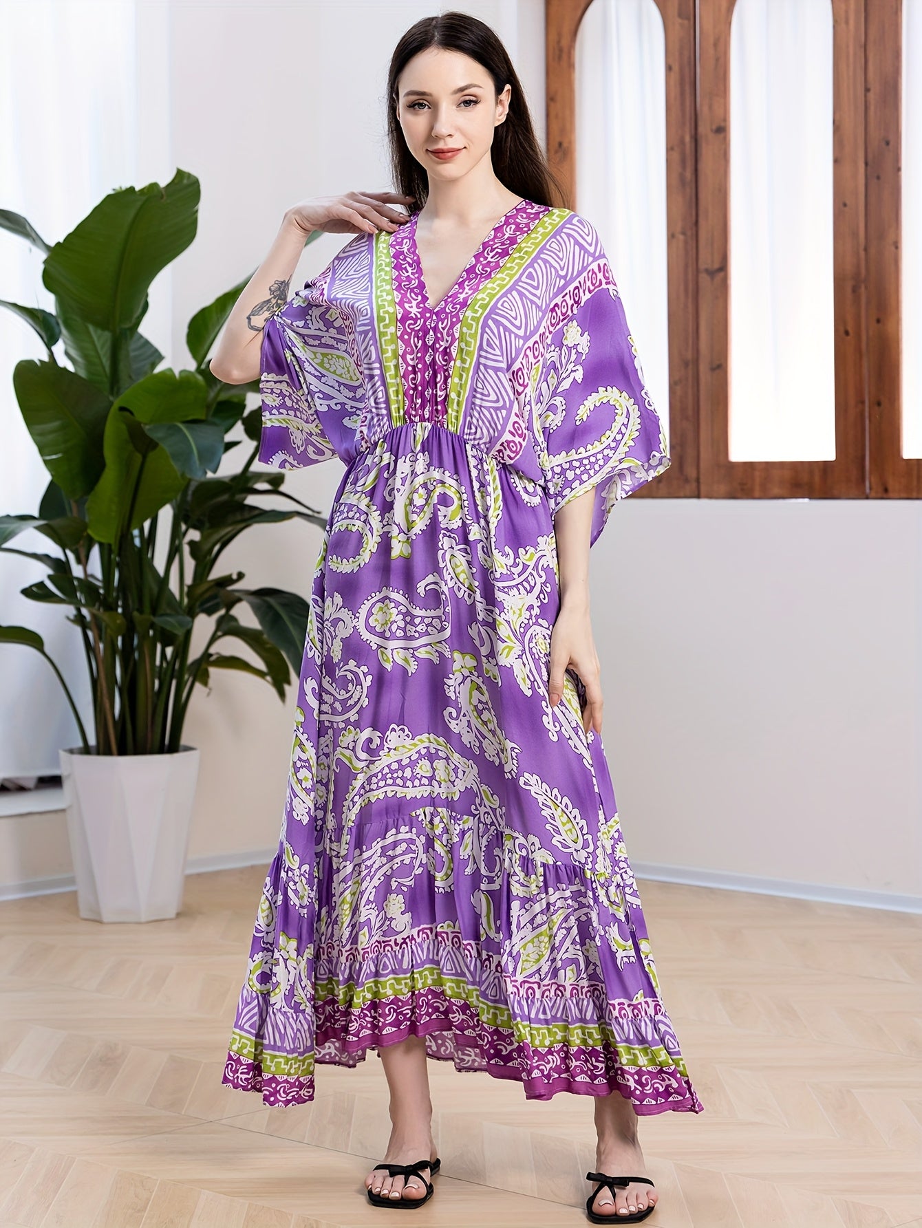 Plus Size Women's Bohemian Maxi Dress Vibrant Orange Blue Floral V-Neck