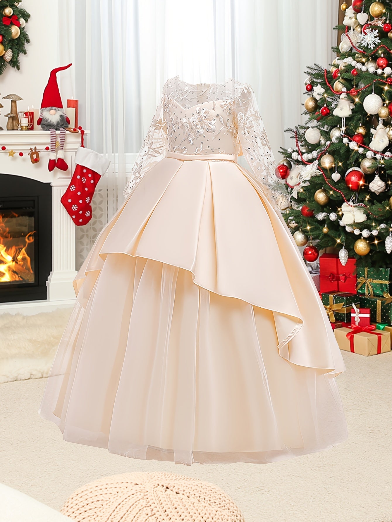 Girls Long Sleeve Tulle Wedding Dress with Bow Crew Neck Fit and Flare All-Season Costume