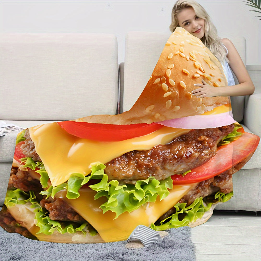 Cute Mexican Style Flannel Blanket with Hamburger Cartoon Print for Sofa Bed Travel