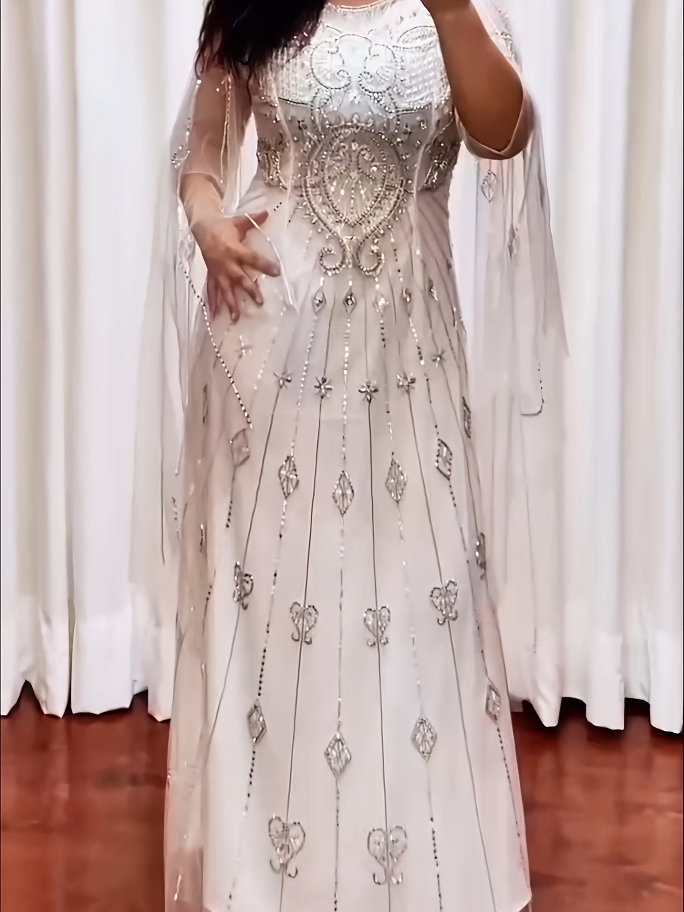 Women Beaded A-Line Evening Gown with Sequin Detailing Long Sleeve Red