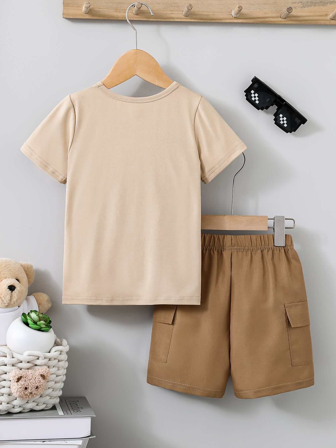 Boys Summer Set Casual Letter Print T-Shirt and Shorts with Pockets Polyester Blend