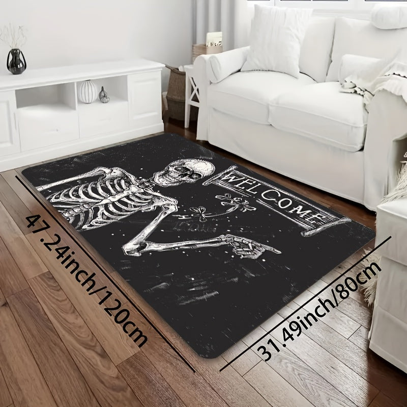 Skeleton Welcome Doormat Indoor Polyester Flannel Rectangle Entryway Mat