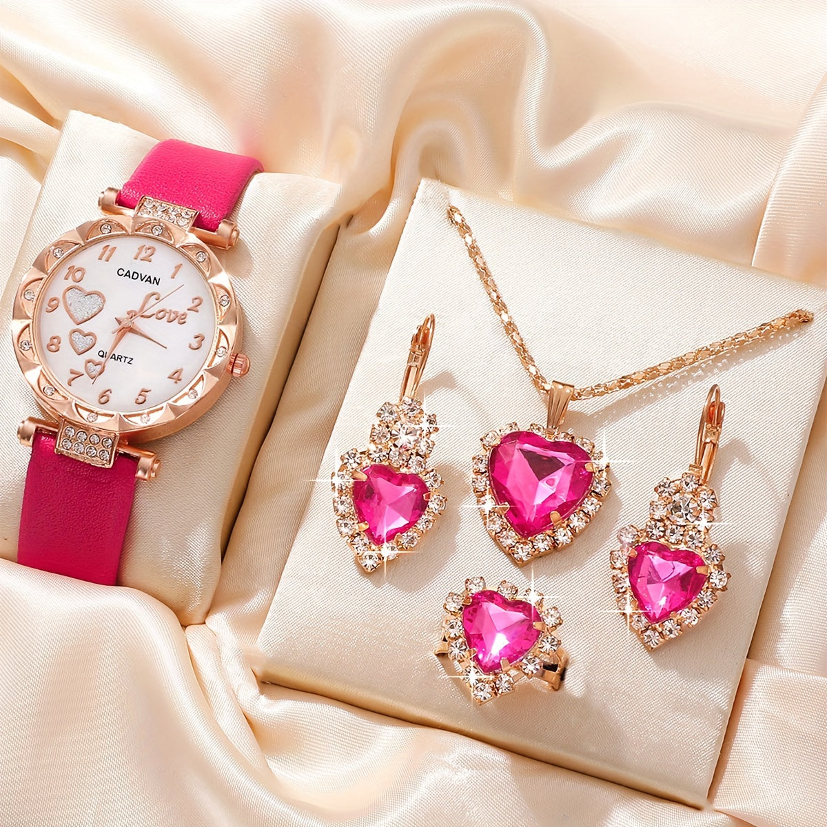 Women's Watch Set with Heart Design and Rhinestone Accents, Includes Matching Jewelry