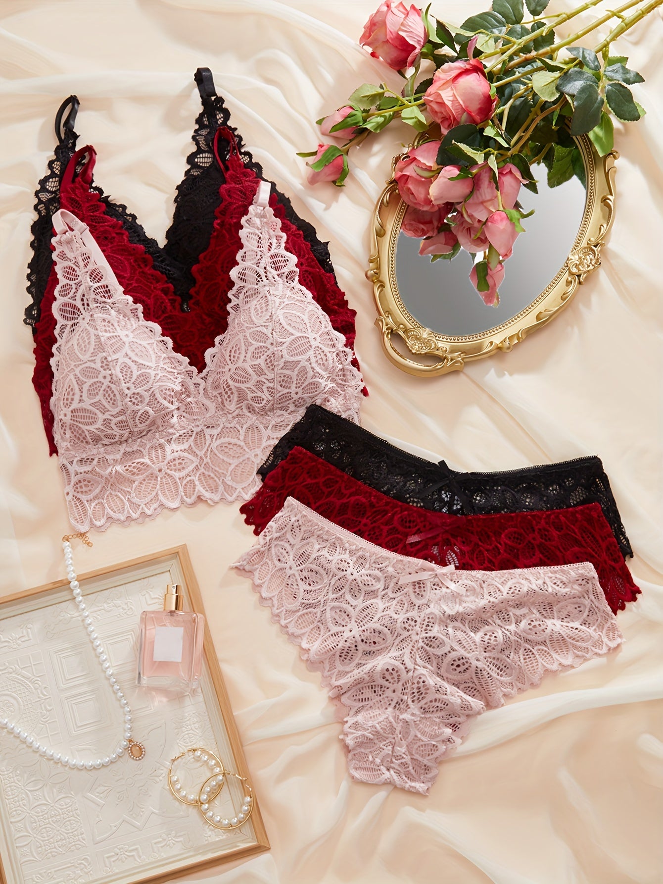 Women's Floral Lace Lingerie Sets Wireless Elastic Bras and Panties